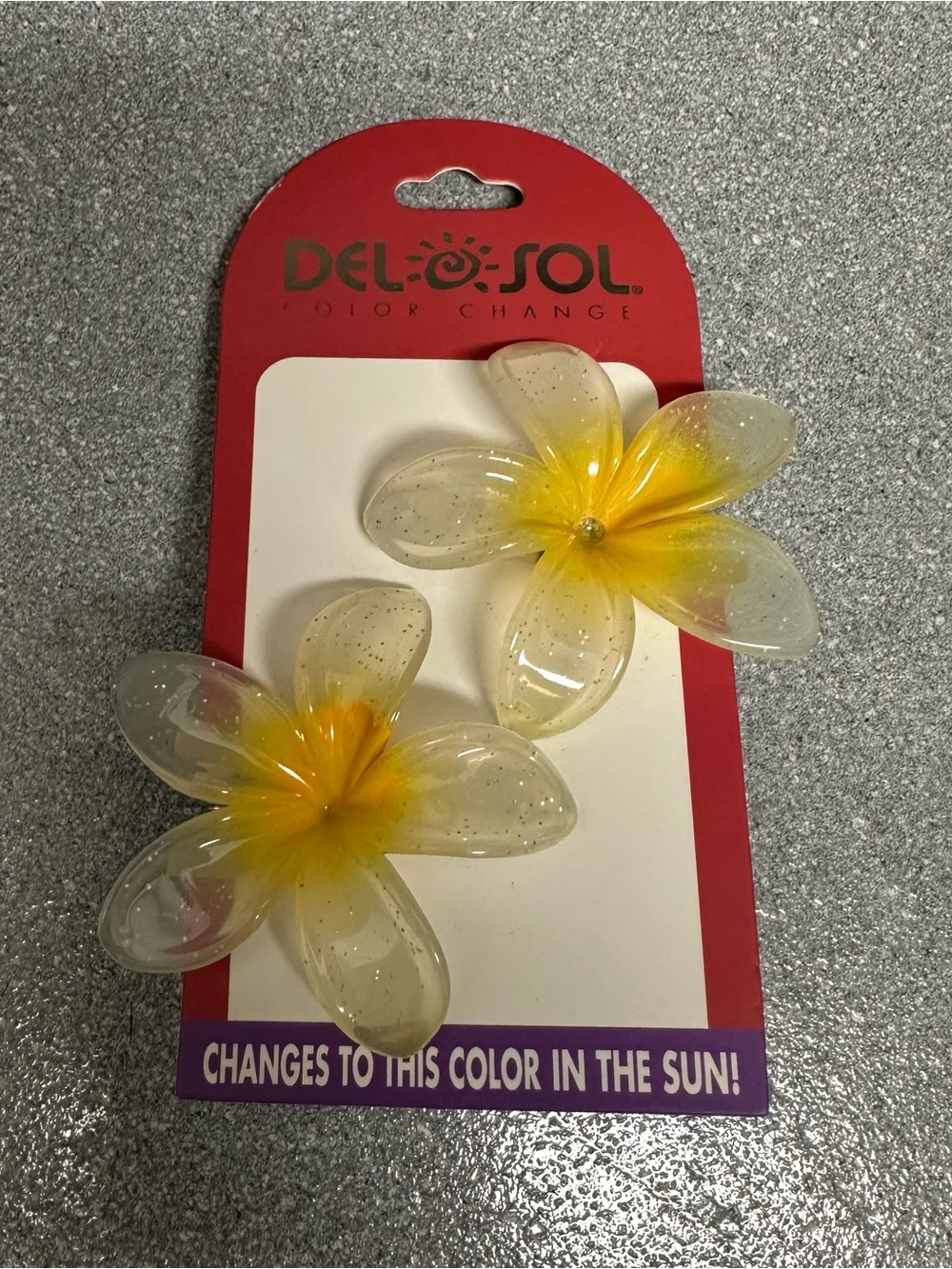 NWT Del Sol Color Change Plumeria Hair Clips 2pk Yellow Purple